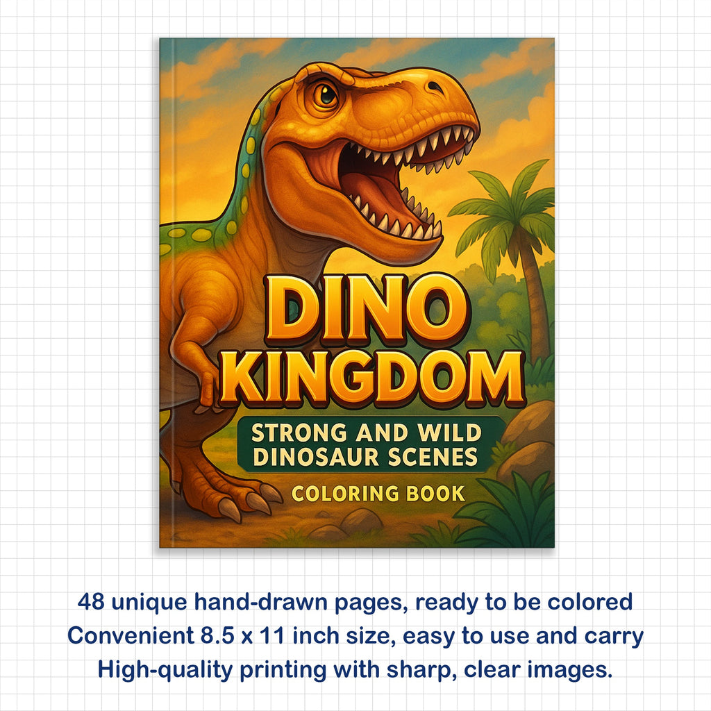 Dino Kingdom Coloring Pages – 48 Pages – Strong and Wild Dinosaur Scenes – For Kids