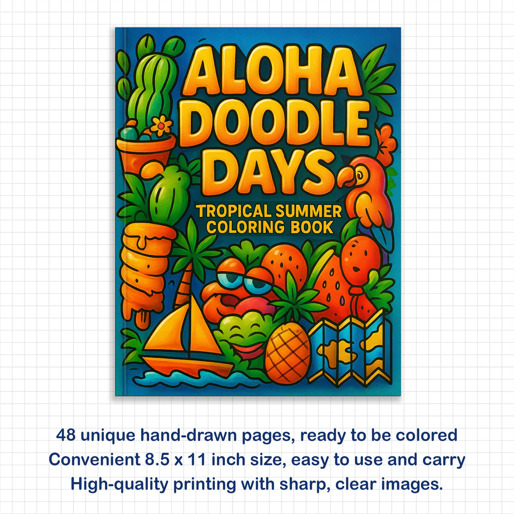 Aloha Doodle Days – Hawaii Coloring Pages – 48 Summer Vacation Scenes – For Kids