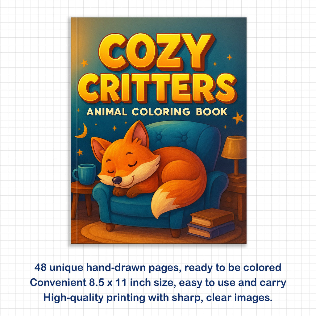Cozy Critters Coloring Pages – 48 Pages – Cute Animals in Cozy Scenes – For Kids