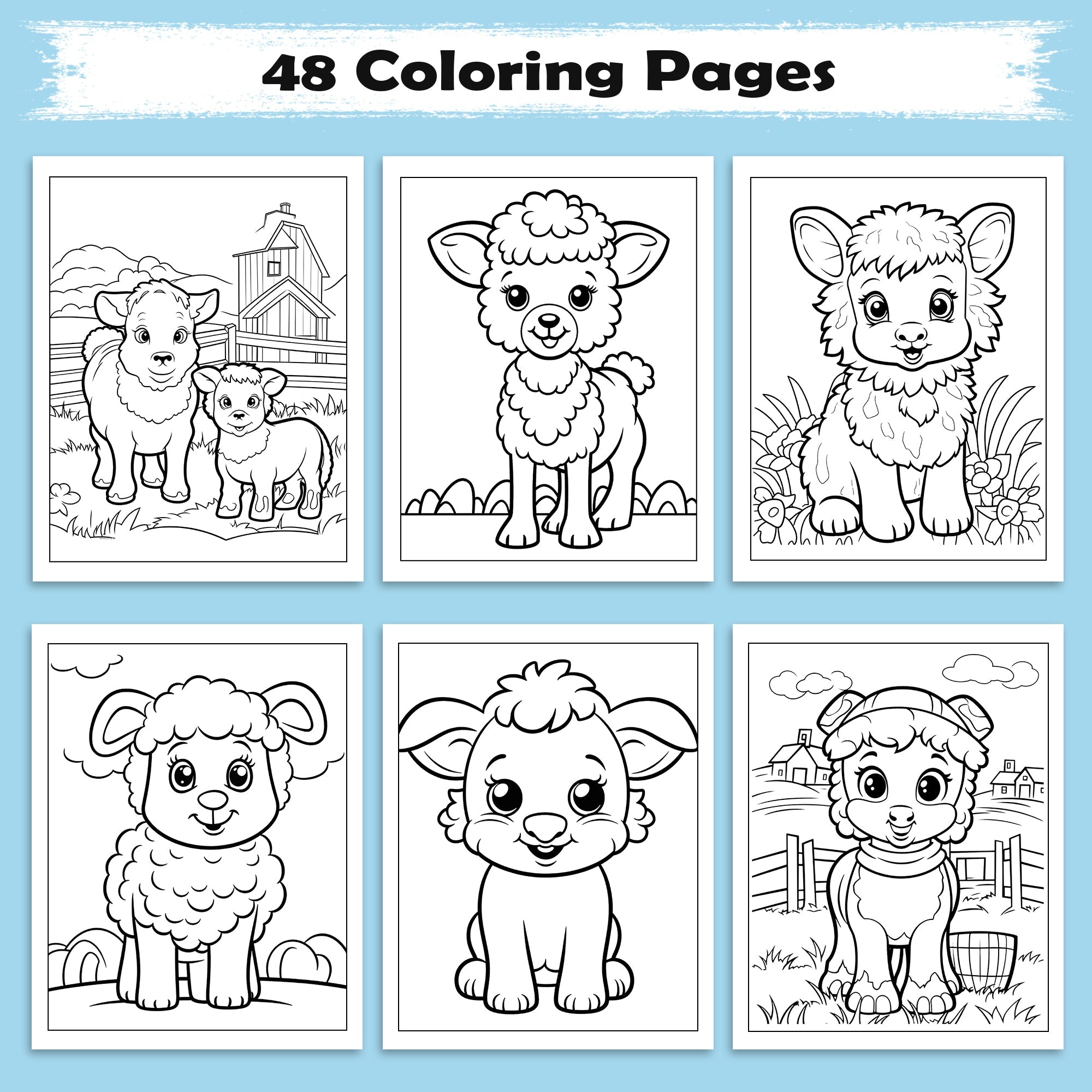 Happy Farm Friends Animal Coloring Pages – 48 Pages – Cute Baby Animals, Farm Scenes – For Kids