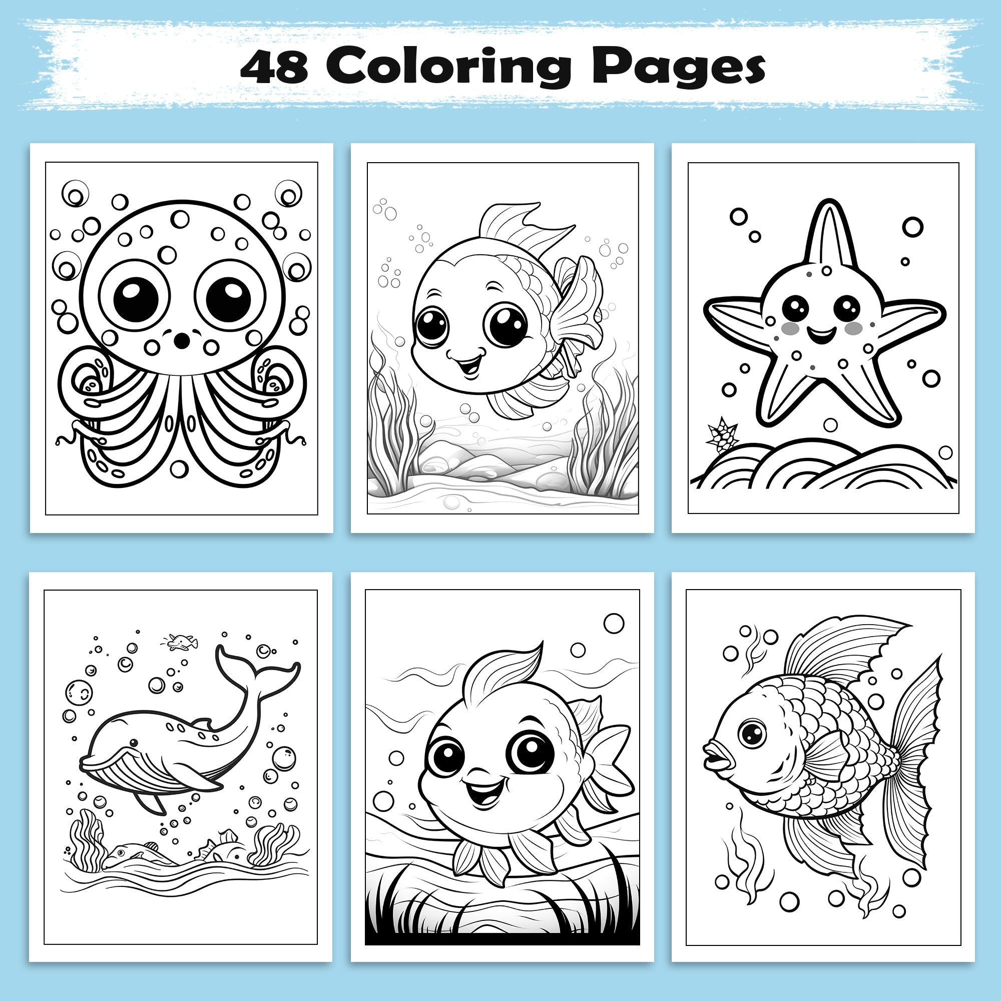 Ocean Adventures – Animal Coloring Pages – 48 Pages – Cute Sea Creatures, Bubbles, Underwater Fun – For Kids