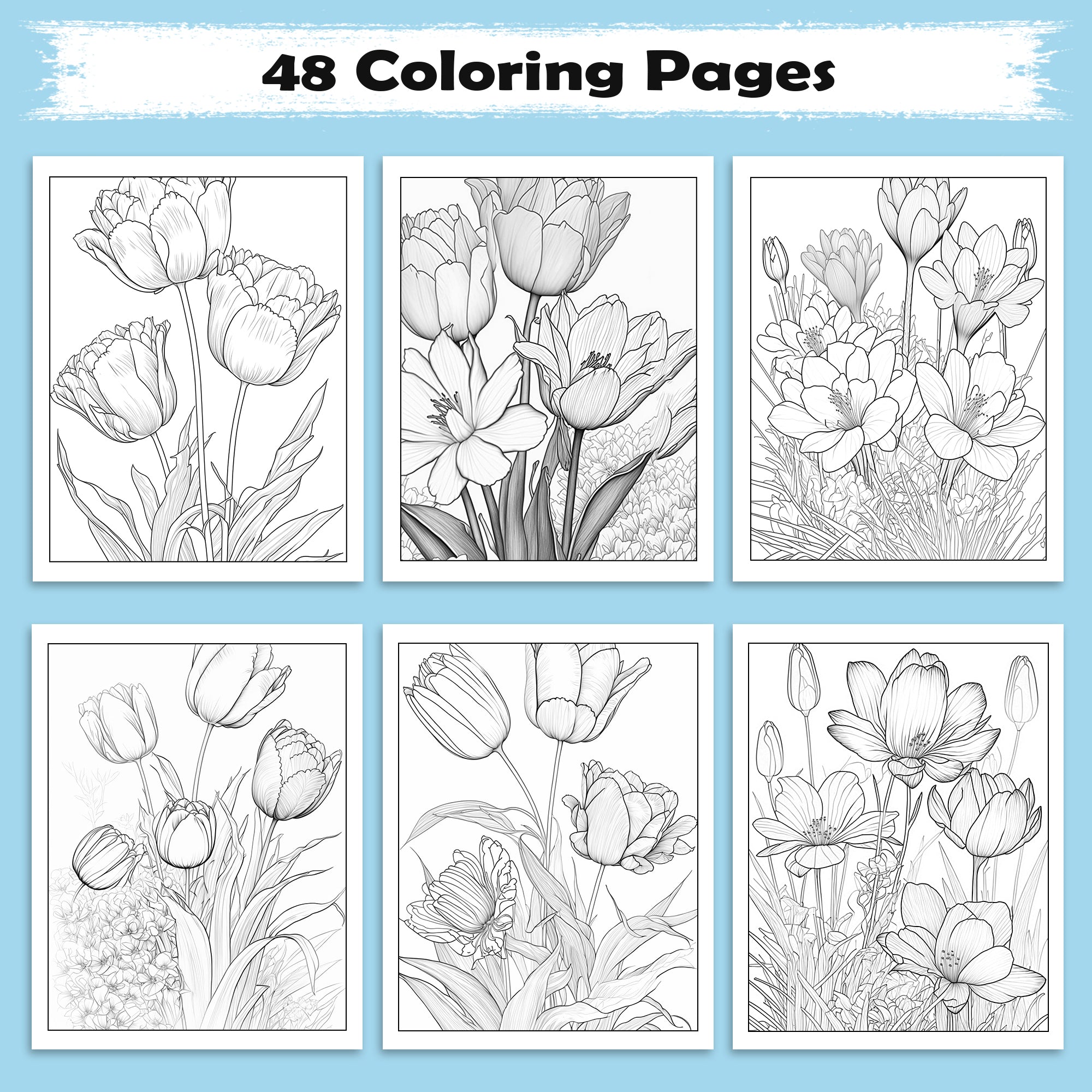 Tulip Serenity Coloring Pages – 48 Pages – Floral Art, Elegant Tulips, Botanical Designs – For Adults