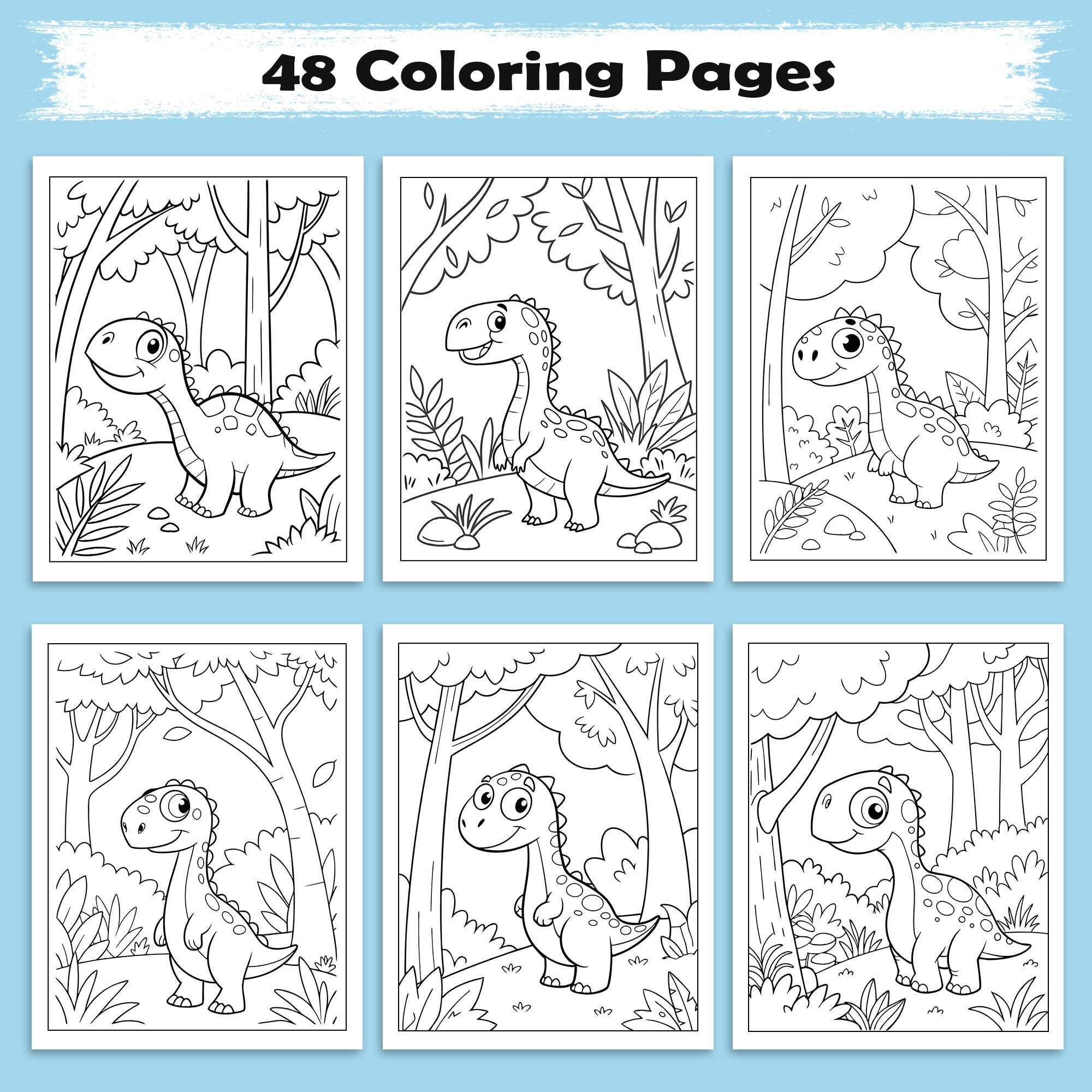 Forest Dino Friends – Fun Dinosaur Coloring Pages – 48 Pages – Jungle, Cute Dinosaurs, Simple Line Art – For Kids