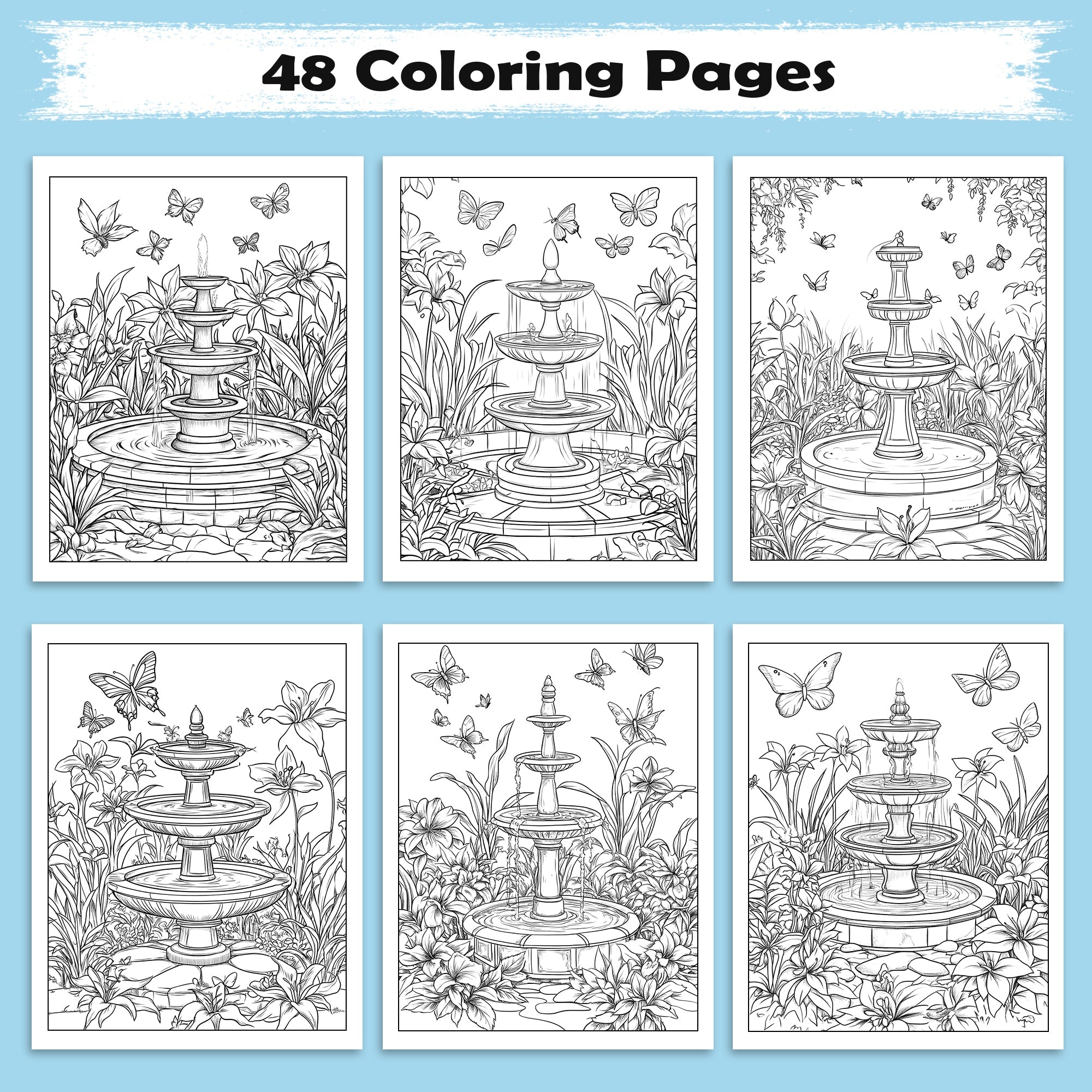 Secret Garden Fountain Coloring Pages – 48 Pages – Beautiful Garden, Fountains, and Floral Designs – For Adults