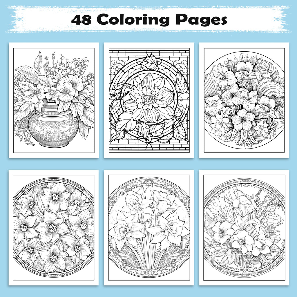 Framed Blooms Vase Coloring Pages – 48 Pages – Beautiful Flowers, Artistic Frames, Vase Designs – For Adults