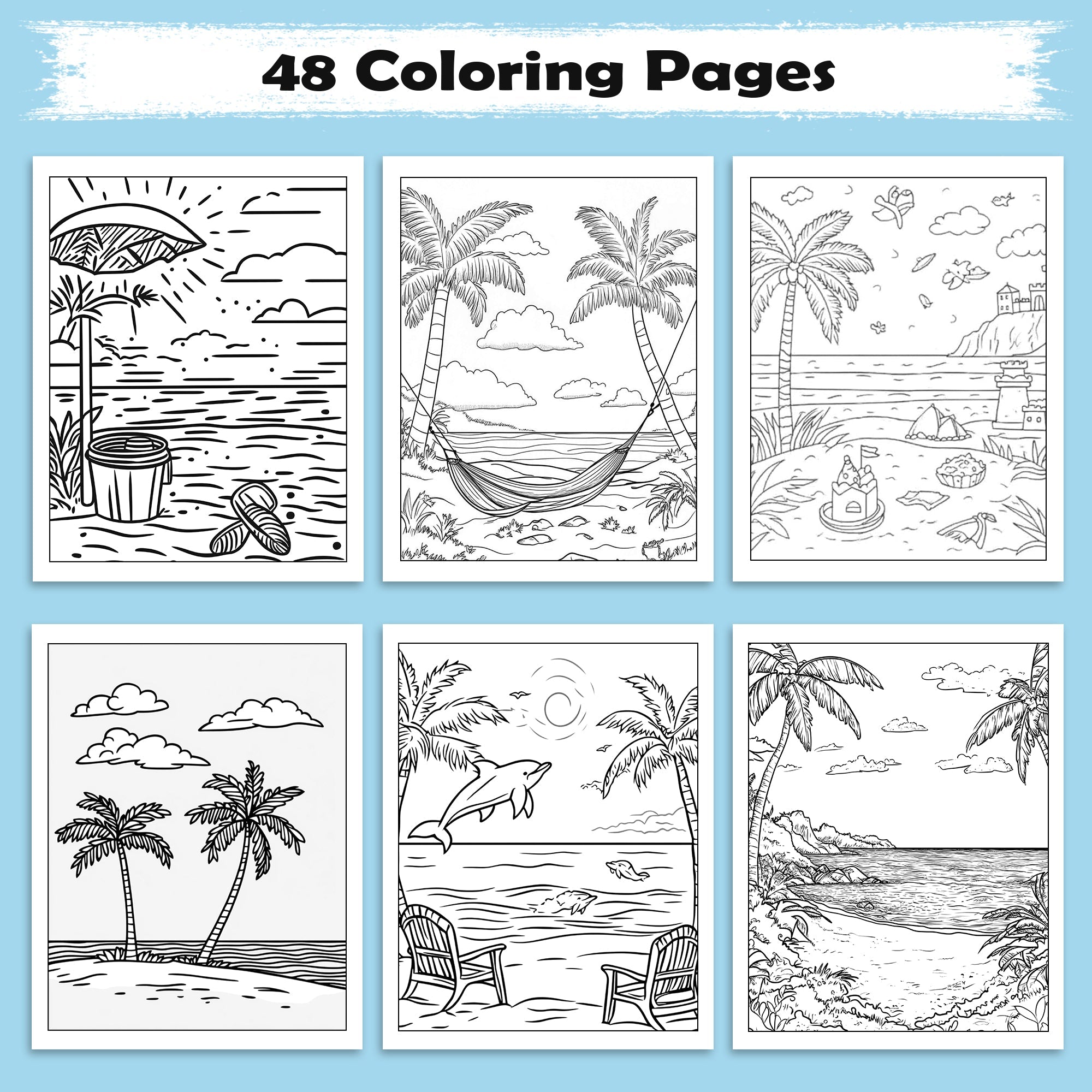 Coastal Joy Hawaii Coloring Pages – 48 Pages – Tropical Fun, Surfboards, Sea Life – For Kids