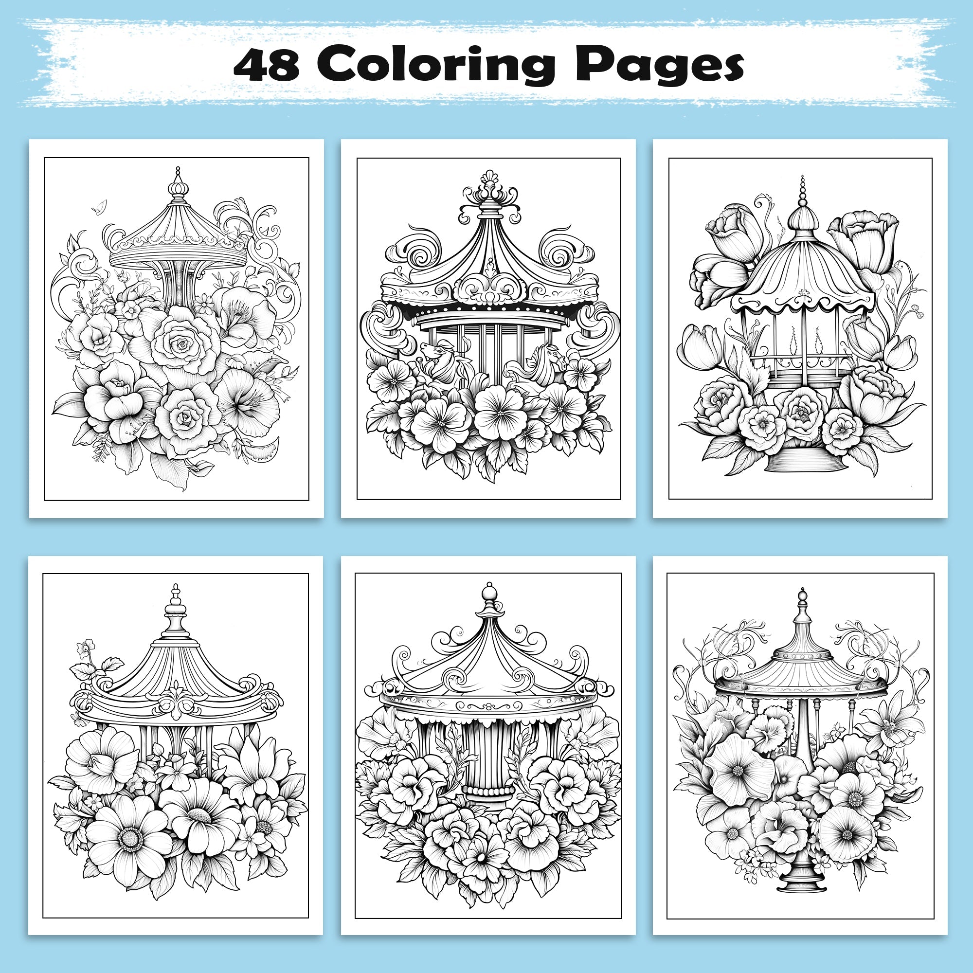 Carousel Blooms Coloring Pages – 48 Pages – Floral Carousel Art, Decorative Horses – For Adults