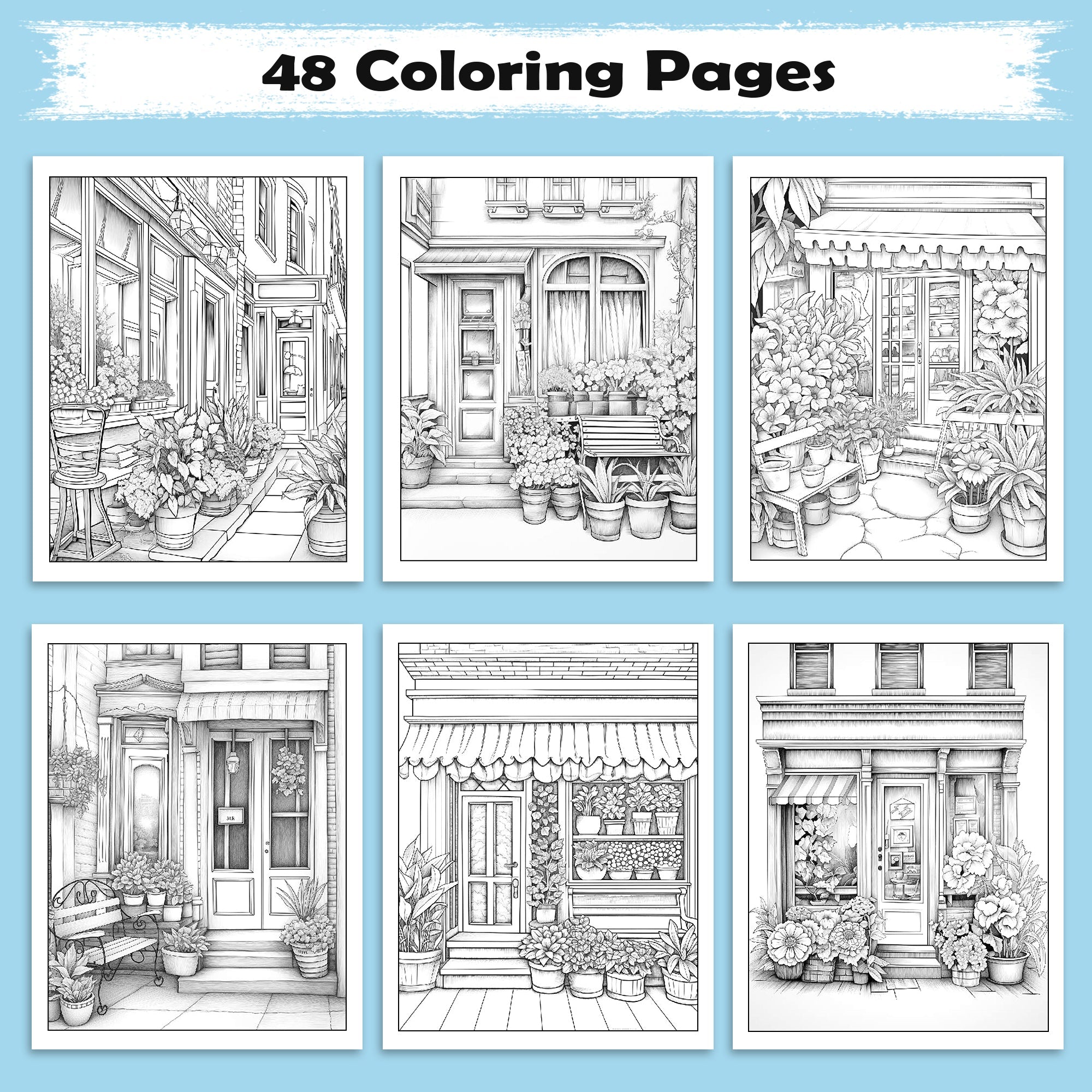 Floral Corner Coloring Pages – 48 Pages – Plant Shop Scene, Pots & Leaves, Peaceful Garden – For Adults