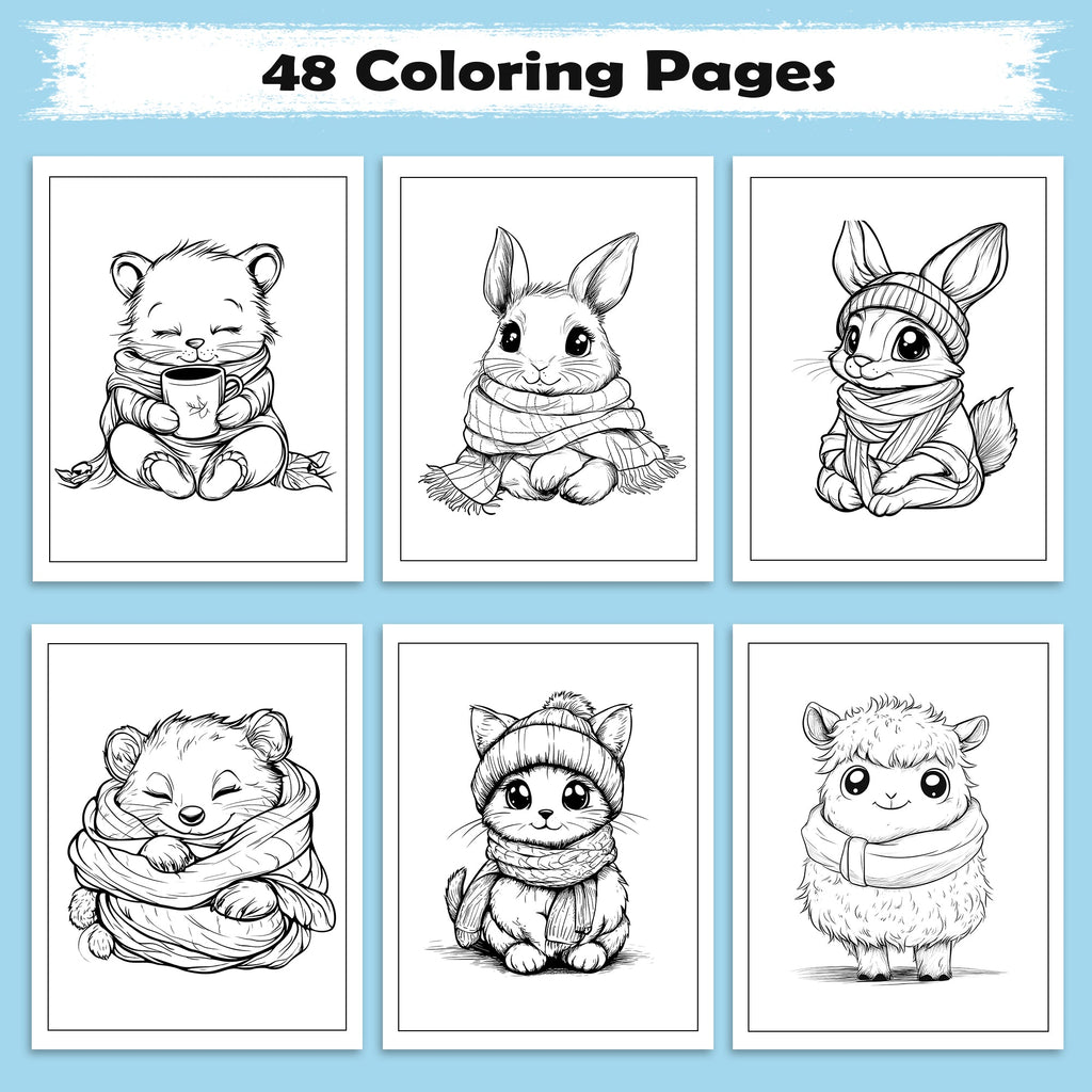 Cozy Critters Coloring Pages – 48 Pages – Cute Animals in Cozy Scenes – For Kids