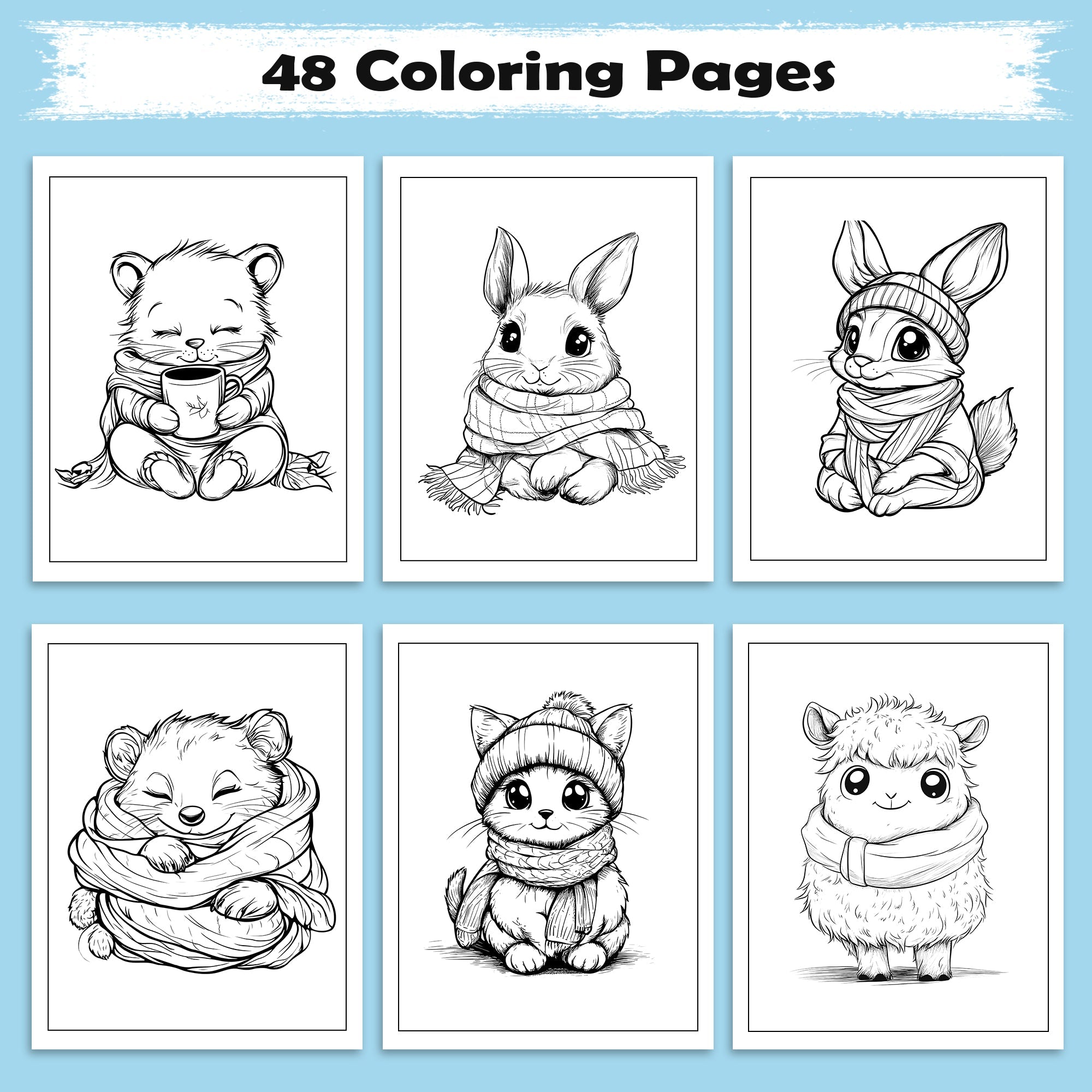 Cozy Critters Coloring Pages – 48 Pages – Cute Animals in Cozy Scenes – For Kids