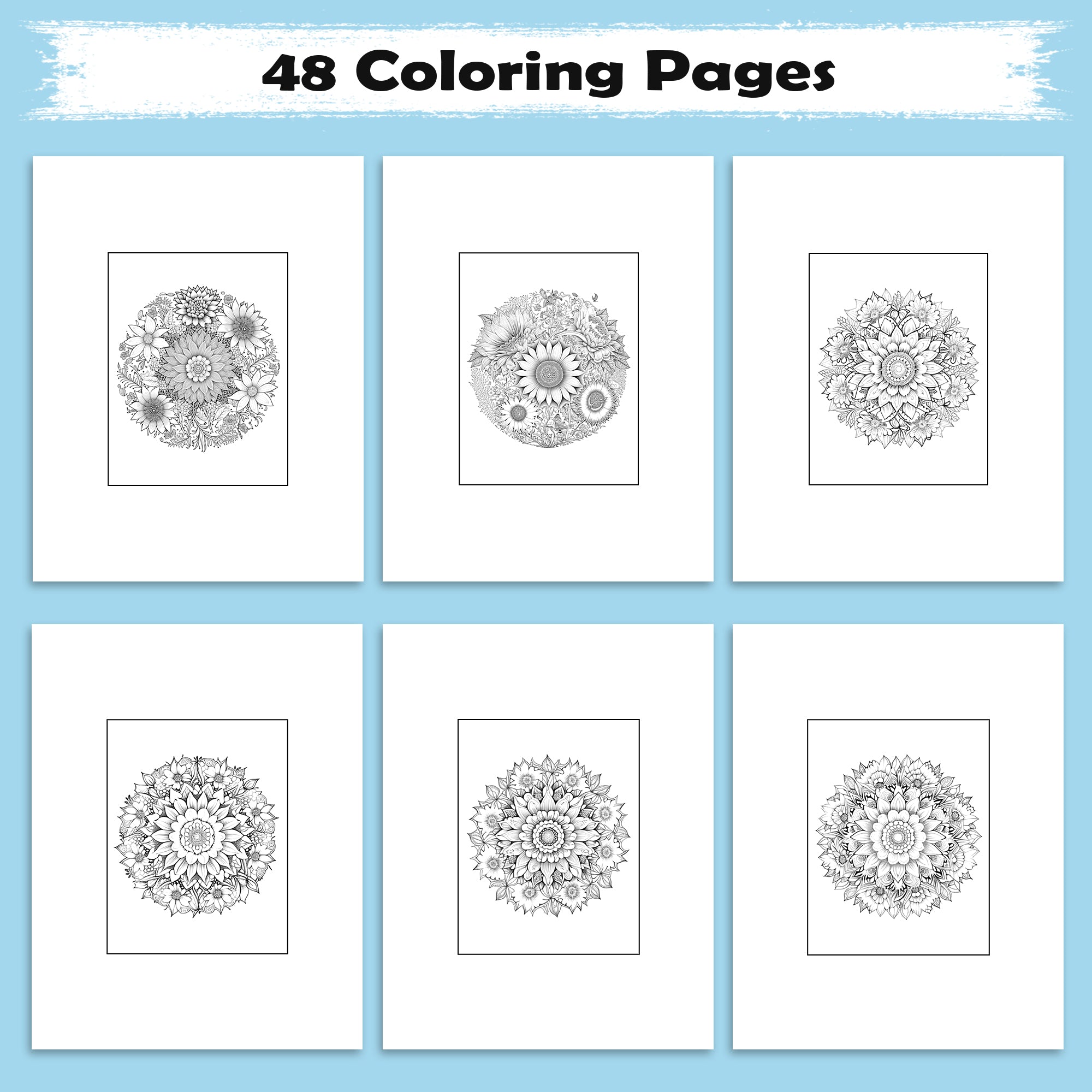 Radiant Blooms Coloring Pages – 48 Pages – Floral Mandala Patterns, Garden Flowers – For Adults