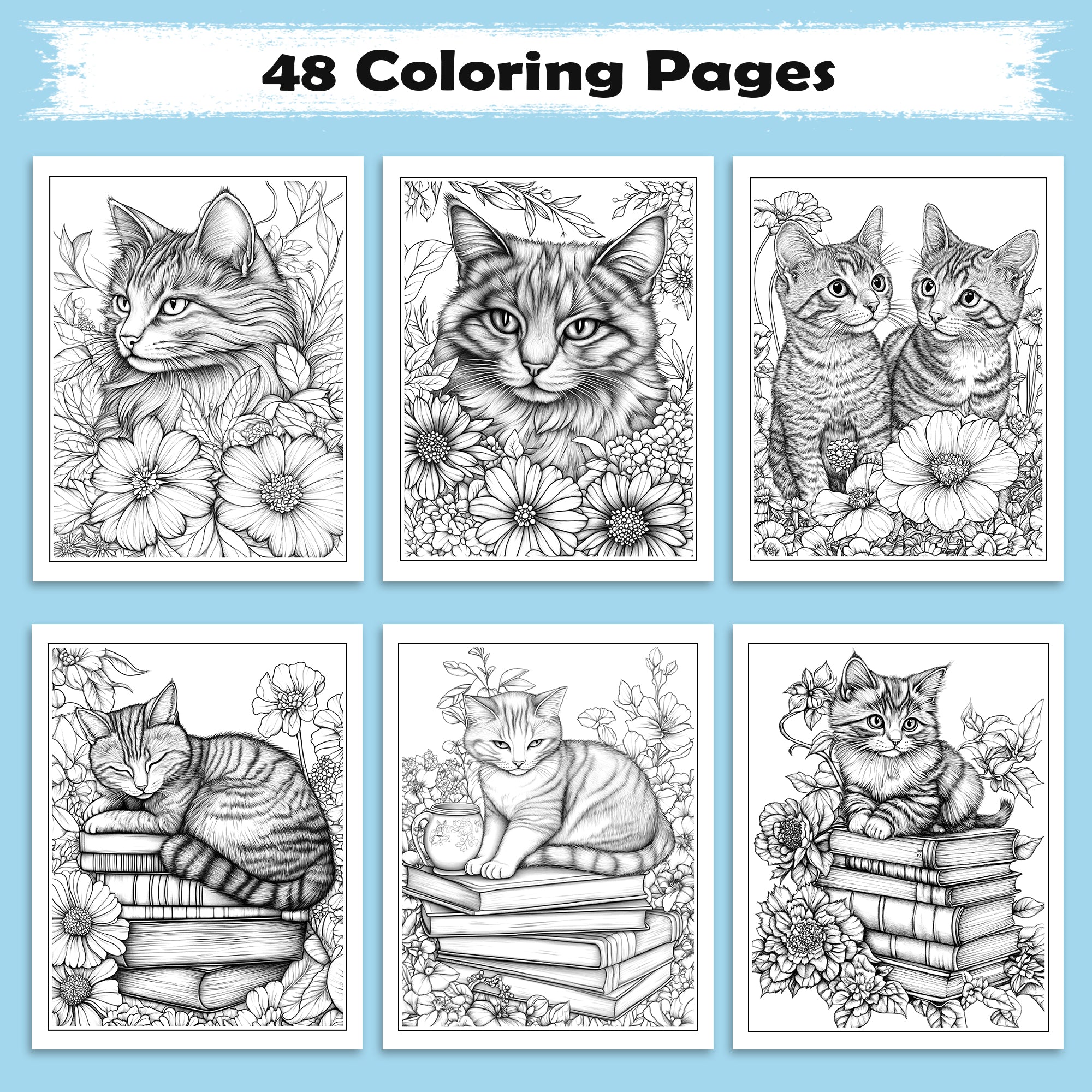 Floral Whiskers Coloring Pages – 48 Whimsical Cat and Flower Scenes for Adults
