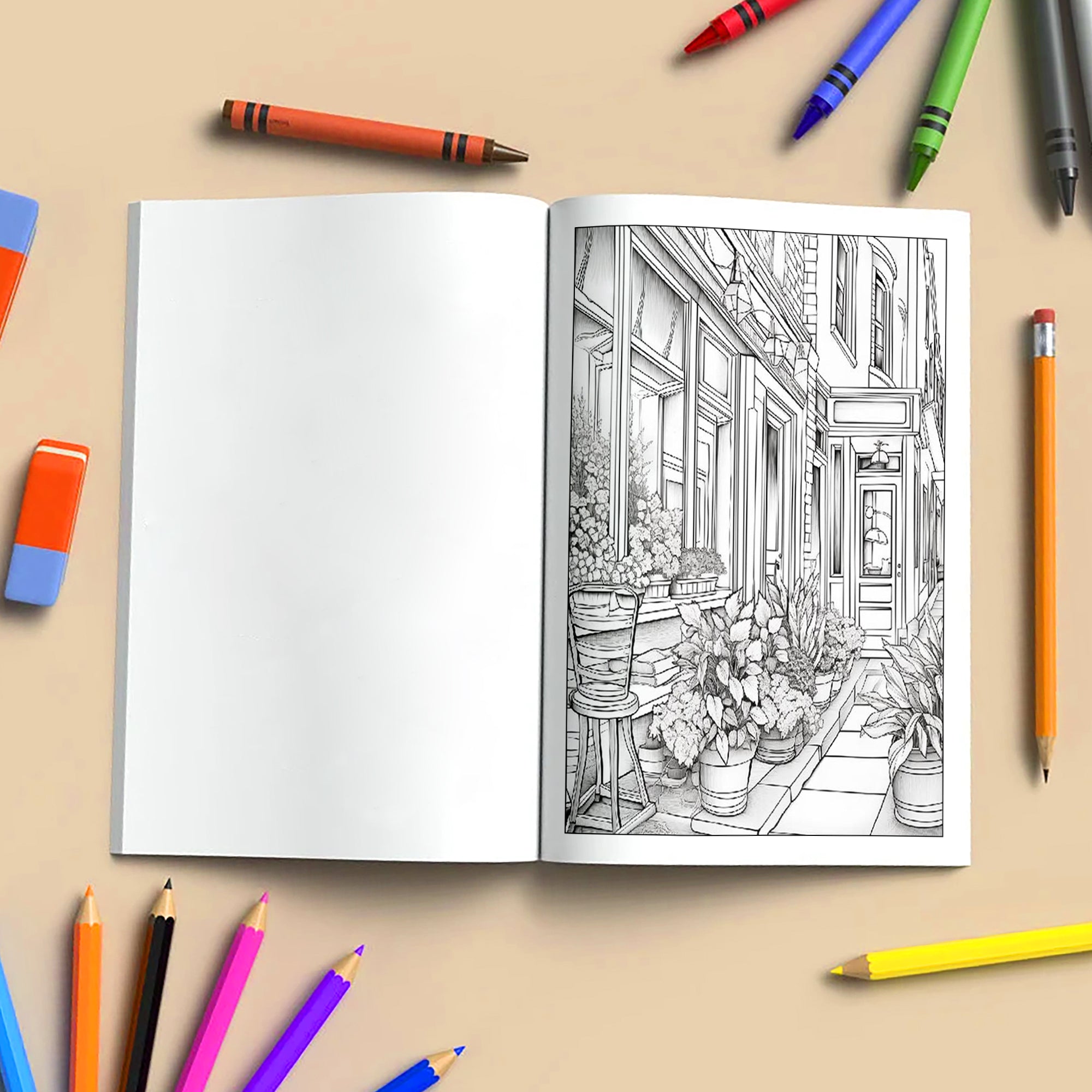 Floral Corner Coloring Pages – 48 Pages – Plant Shop Scene, Pots & Leaves, Peaceful Garden – For Adults