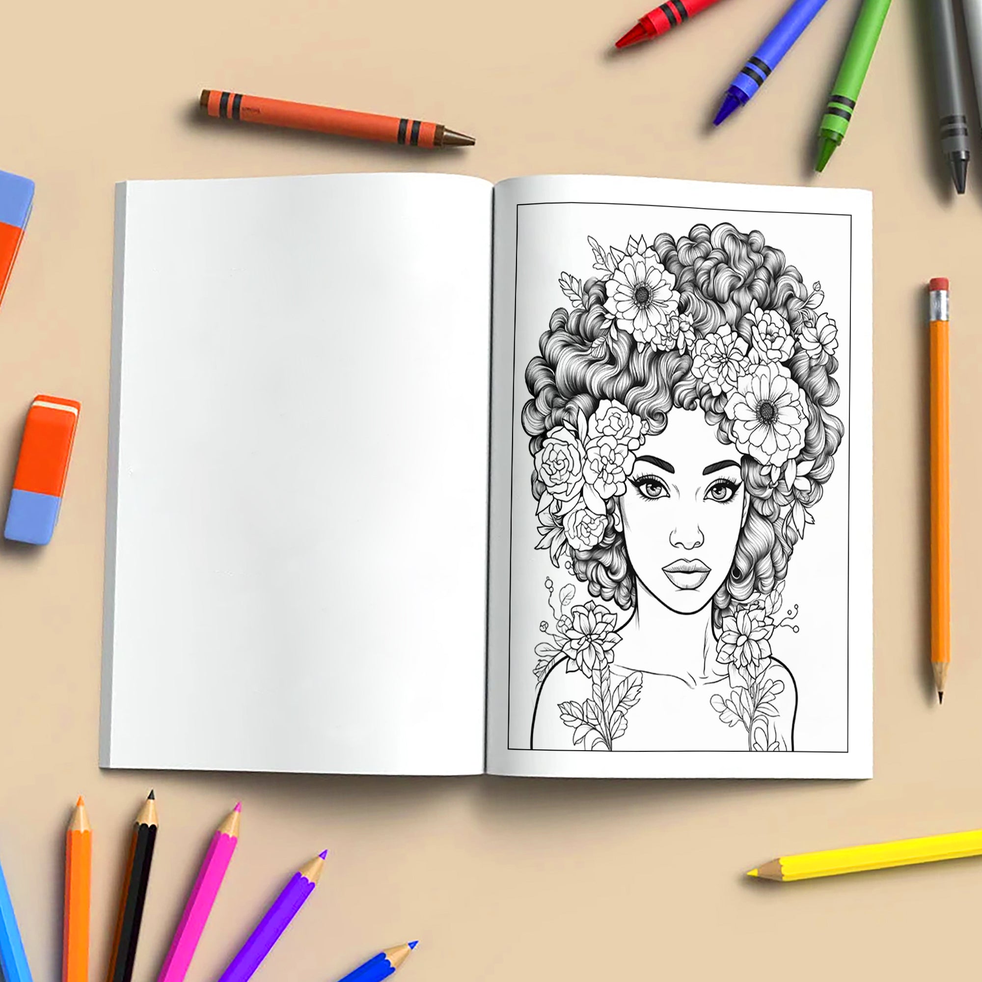 Blooming Melanin Coloring Pages – 48 Pages – Beautiful Black Girl Floral Portraits – For Adults
