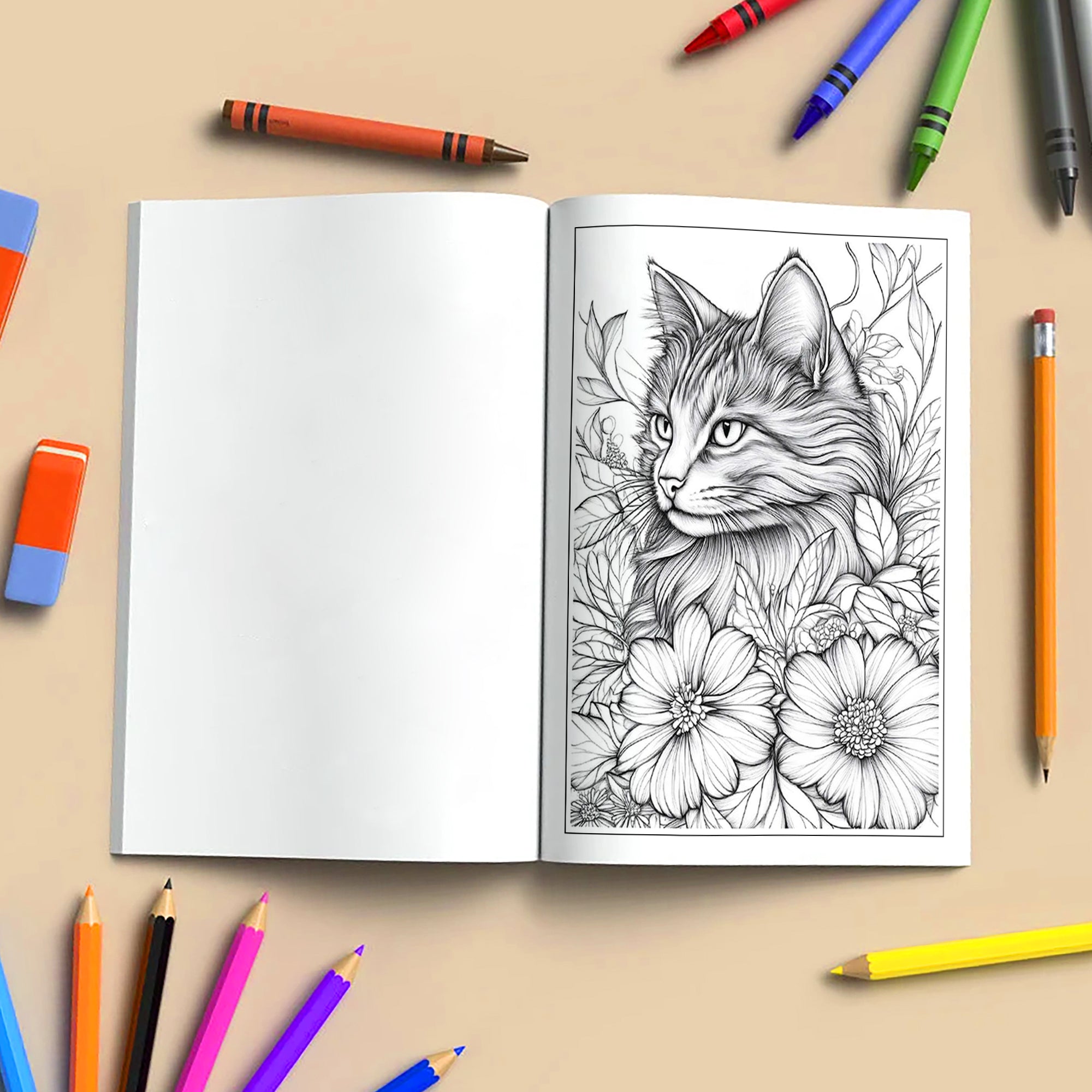 Floral Whiskers Coloring Pages – 48 Whimsical Cat and Flower Scenes for Adults