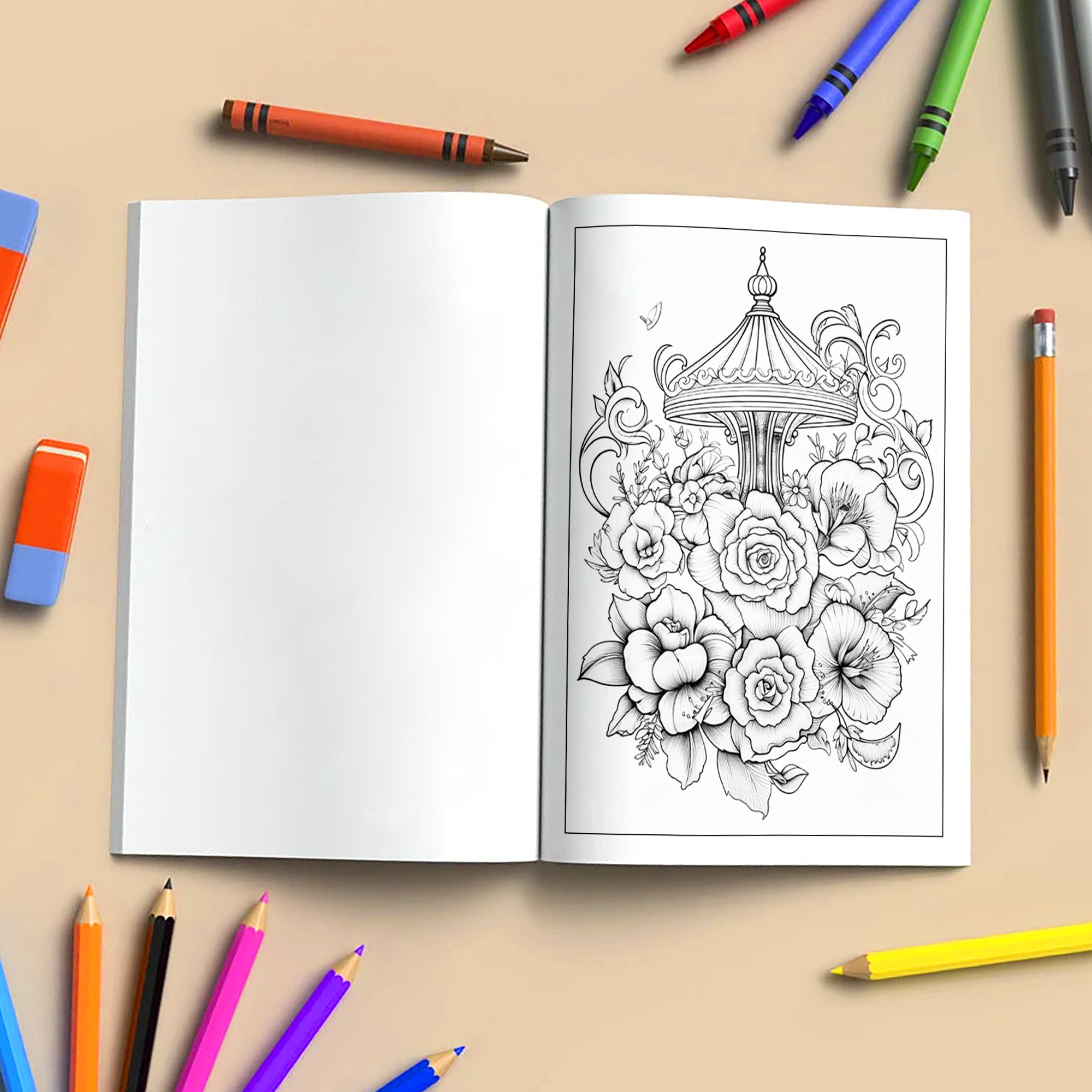 Carousel Blooms Coloring Pages – 48 Pages – Floral Carousel Art, Decorative Horses – For Adults