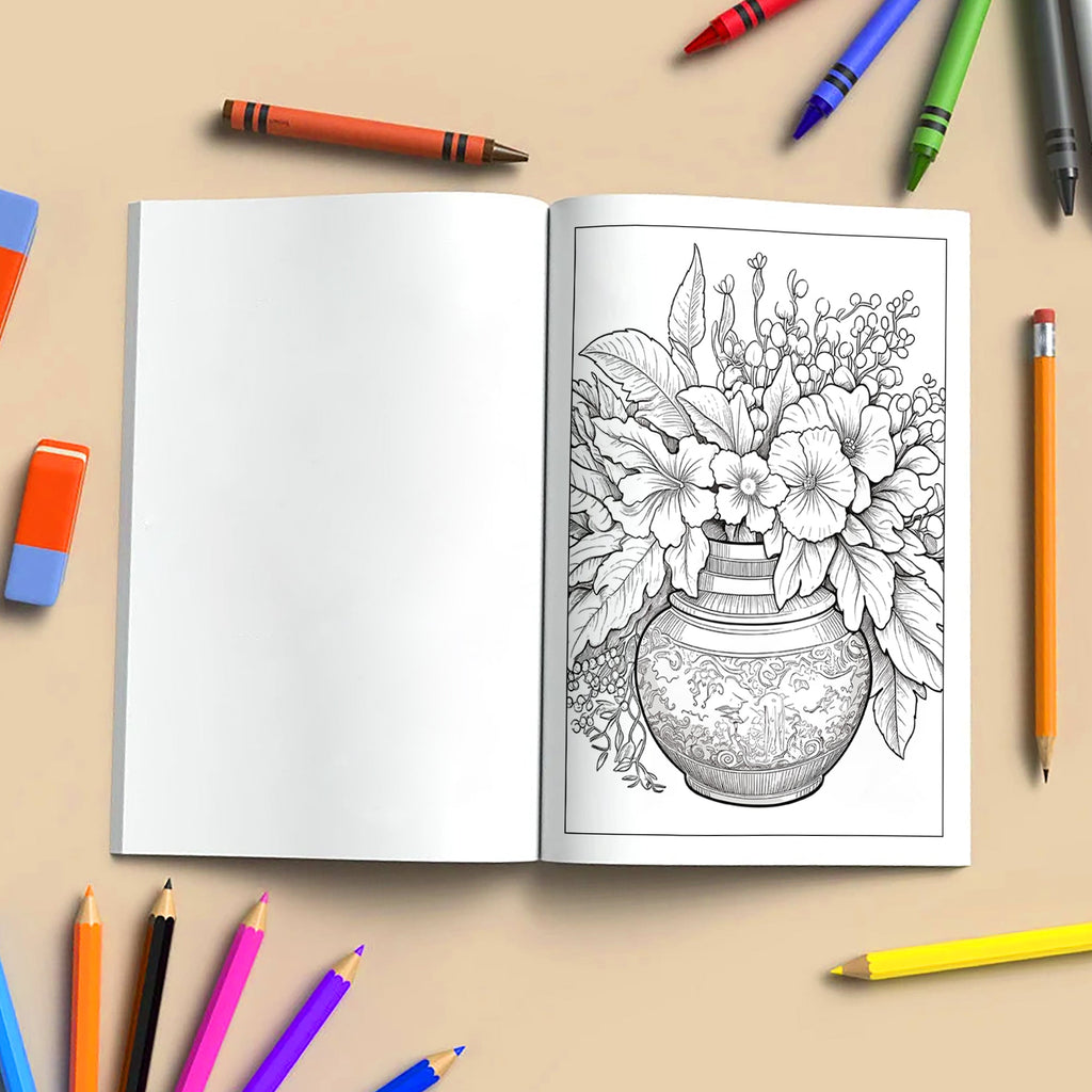 Framed Blooms Vase Coloring Pages – 48 Pages – Beautiful Flowers, Artistic Frames, Vase Designs – For Adults
