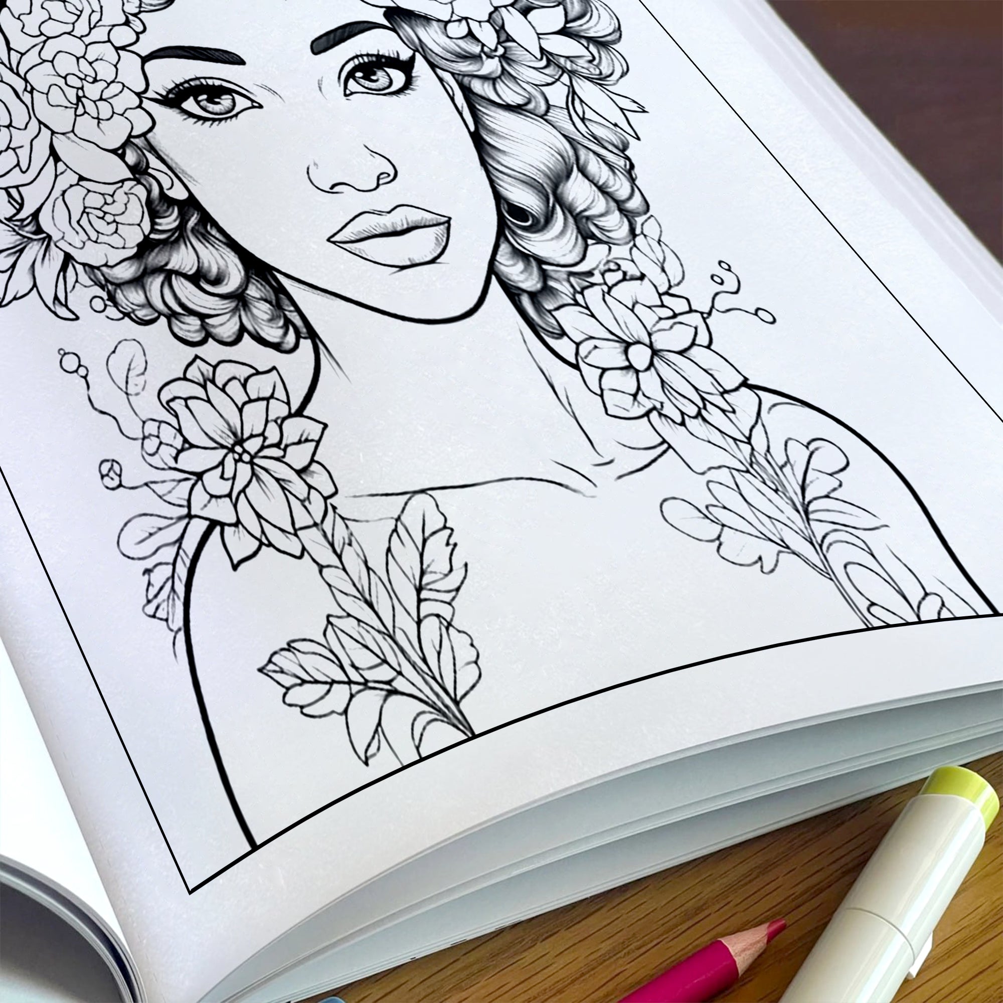Blooming Melanin Coloring Pages – 48 Pages – Beautiful Black Girl Floral Portraits – For Adults