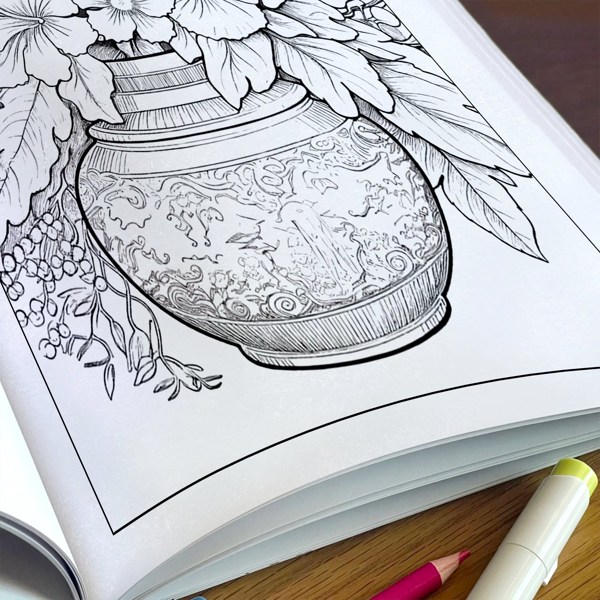 Framed Blooms Vase Coloring Pages – 48 Pages – Beautiful Flowers, Artistic Frames, Vase Designs – For Adults