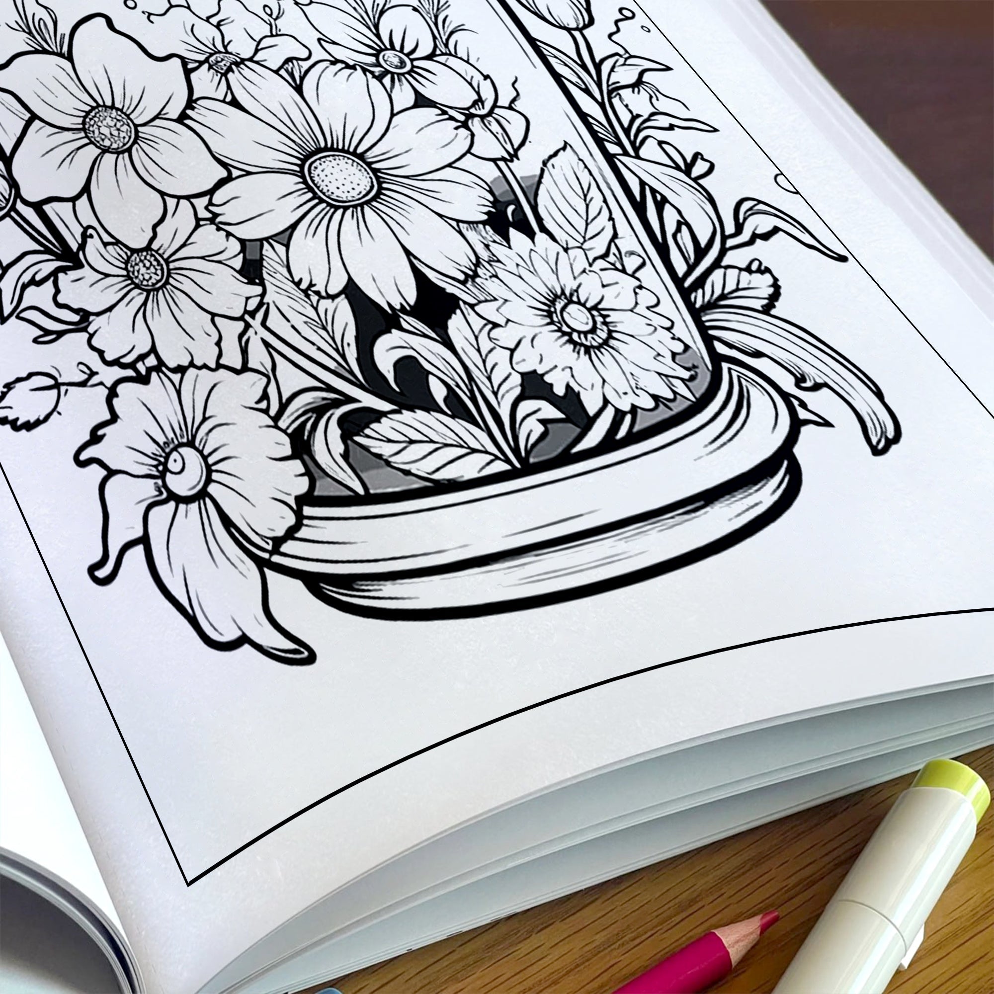 Garden in a Jar Coloring Pages – 48 Pages – Flower Jars, Nature Terrarium Scenes – For Adults