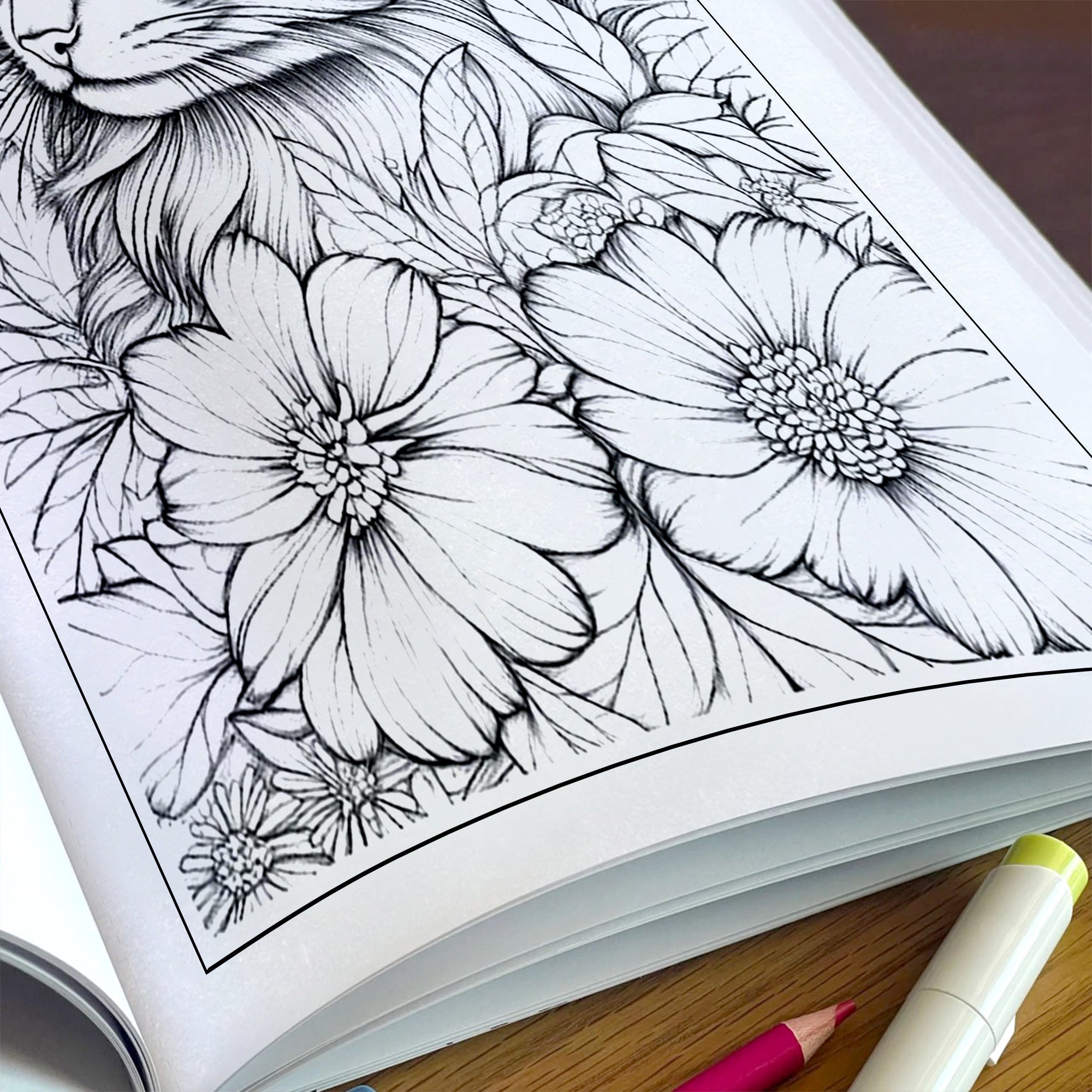 Floral Whiskers Coloring Pages – 48 Whimsical Cat and Flower Scenes for Adults