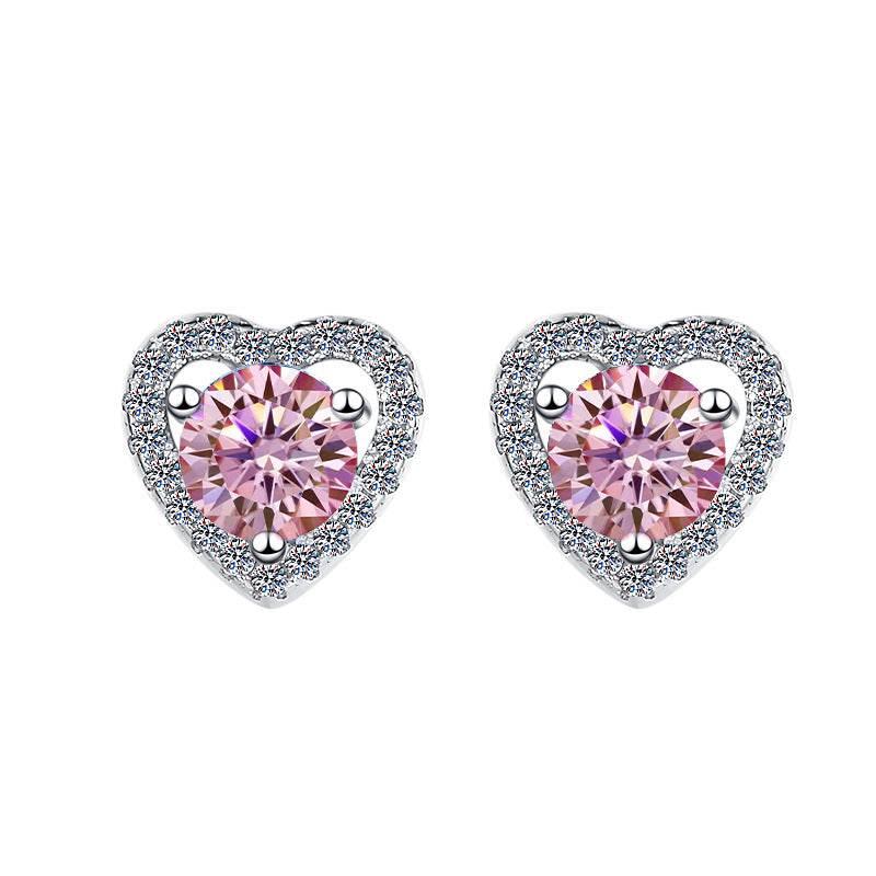 S925 Colorful Moissanite/CZ Heart Shape Halo Stud Earrings, 0.5ct D-Grade VVS Certificate, Hypoallergenic Sterling Silver Gift