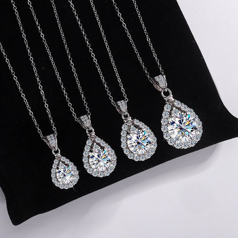S925 Moissanite Teardrop Halo Pendant Necklace with Pavé Top Frame, 1-5ct VVS1 D-Grade Certified, Sterling Silver Pear Shape Pendant for Her