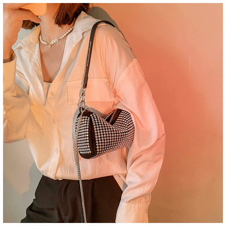Rhinestone Square Pouch | Full Diamond Underarm Bag & Chain Shoulder Crossbody (Small Handbag, Japanese & Korean Style)