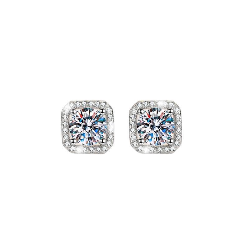 S925 Colorful Moissanite/CZ Square Halo Earrings, 0.5-1ct D-Grade VVS Certificate, Hypoallergenic Sterling Silver Jewelry Gift