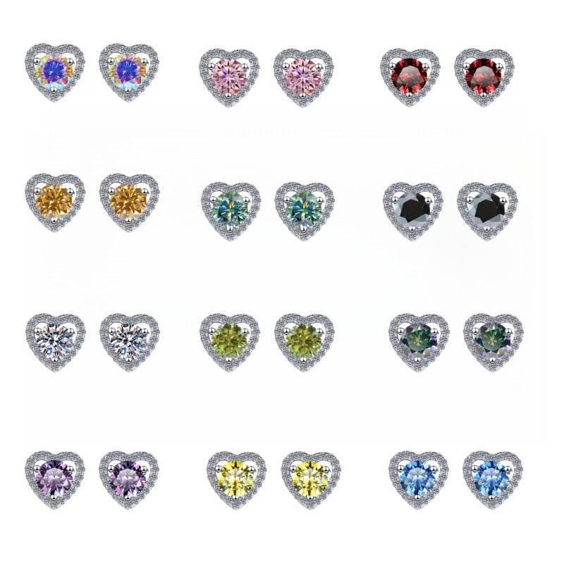 S925 Colorful Moissanite/CZ Heart Shape Halo Stud Earrings, 0.5ct D-Grade VVS Certificate, Hypoallergenic Sterling Silver Gift