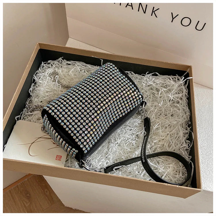 Rhinestone Square Pouch | Full Diamond Underarm Bag & Chain Shoulder Crossbody (Small Handbag, Japanese & Korean Style)