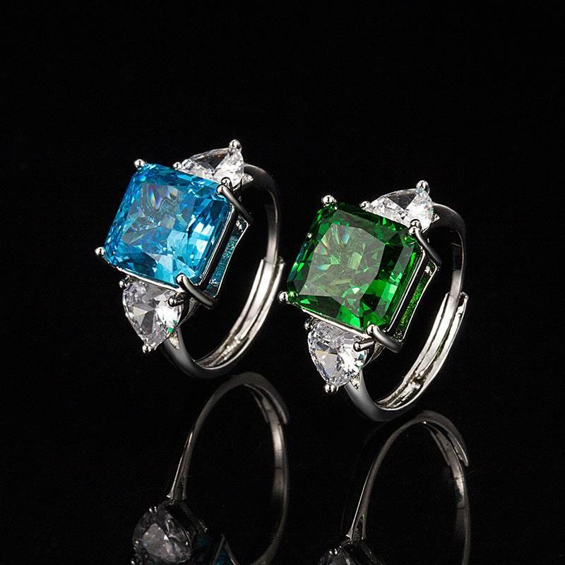 Multicolor Ice Flower Cut Square CZ Adjustable Ring, Blue & Green 10*10mm 8A Main Cubic Zirconia, Two Heart Side CZ, Dainty Luxe