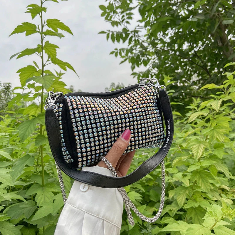 Rhinestone Square Pouch | Full Diamond Underarm Bag & Chain Shoulder Crossbody (Small Handbag, Japanese & Korean Style)