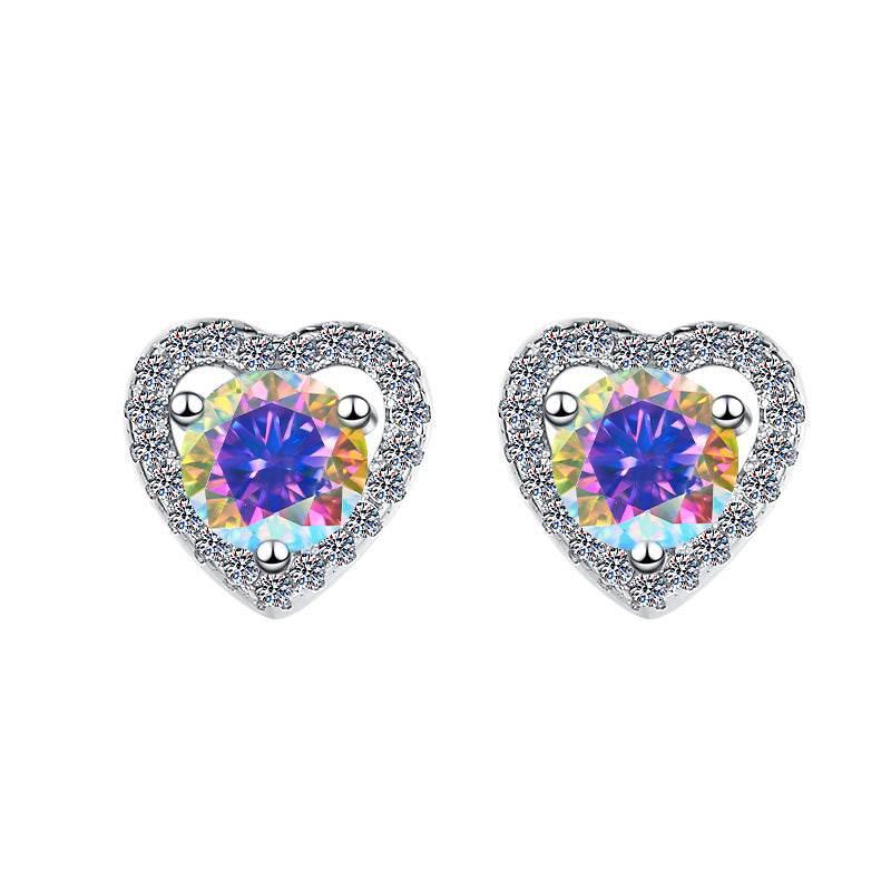 S925 Colorful Moissanite/CZ Heart Shape Halo Stud Earrings, 0.5ct D-Grade VVS Certificate, Hypoallergenic Sterling Silver Gift