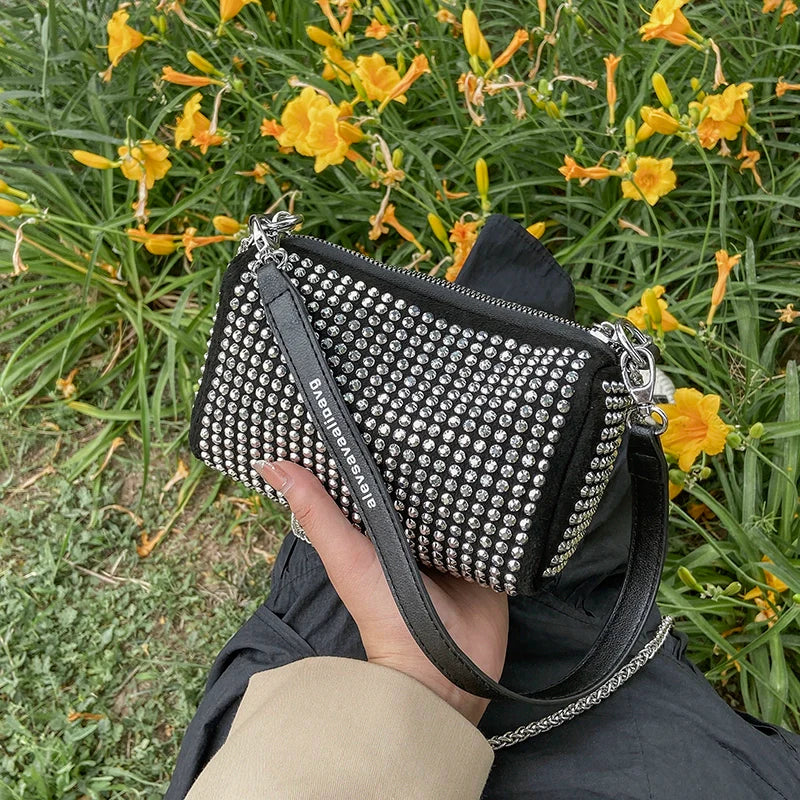 Rhinestone Square Pouch | Full Diamond Underarm Bag & Chain Shoulder Crossbody (Small Handbag, Japanese & Korean Style)