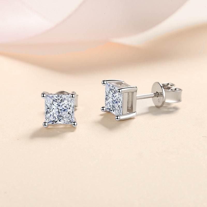 S925 Square Princess Cut CZ or Moissanite Stud Earrings, 0.6-2ct Sterling Silver Hypoallergenic Zirconia Gift for Her Him