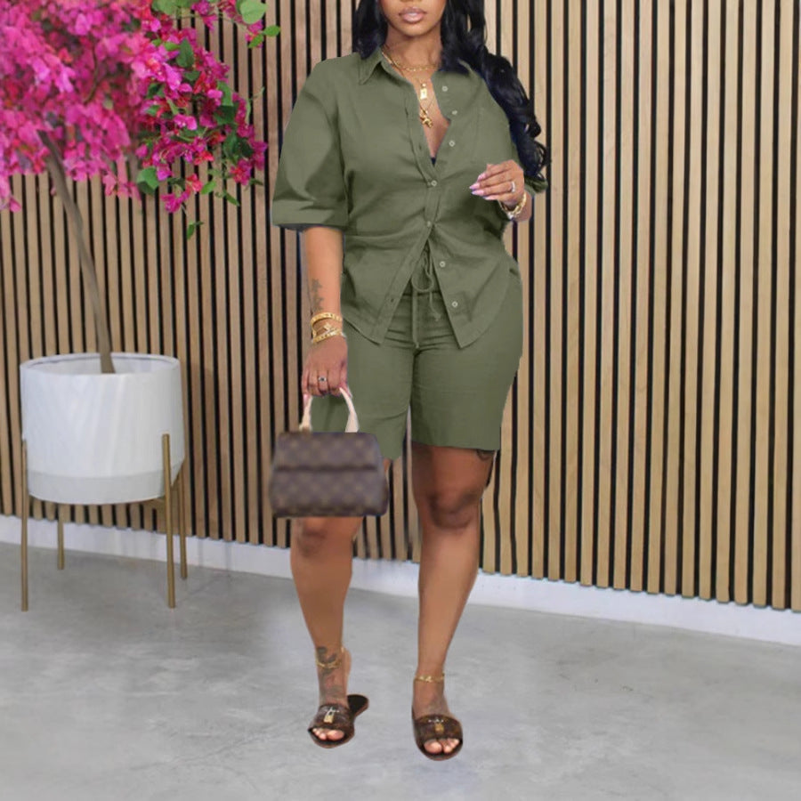 Fashion Solid Color Short Sleeve Shirt And Shorts Suit