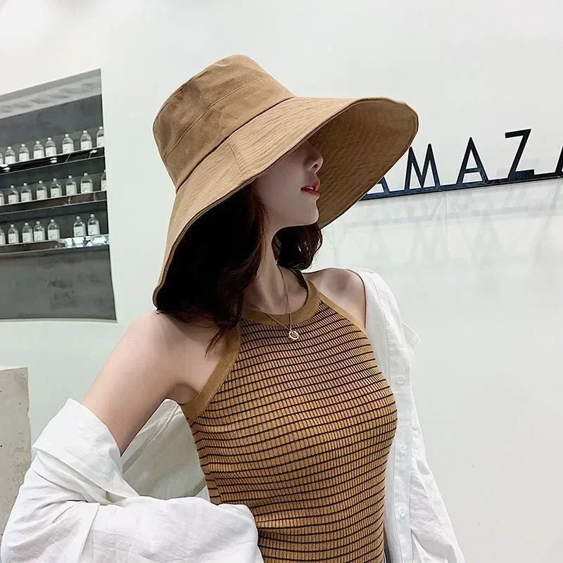 Japanese Sunshade Female Spring and Summer Sunscreen Free To Fold Big Brim Sun Hat Fisherman Hat Cover Face Oversized Hair