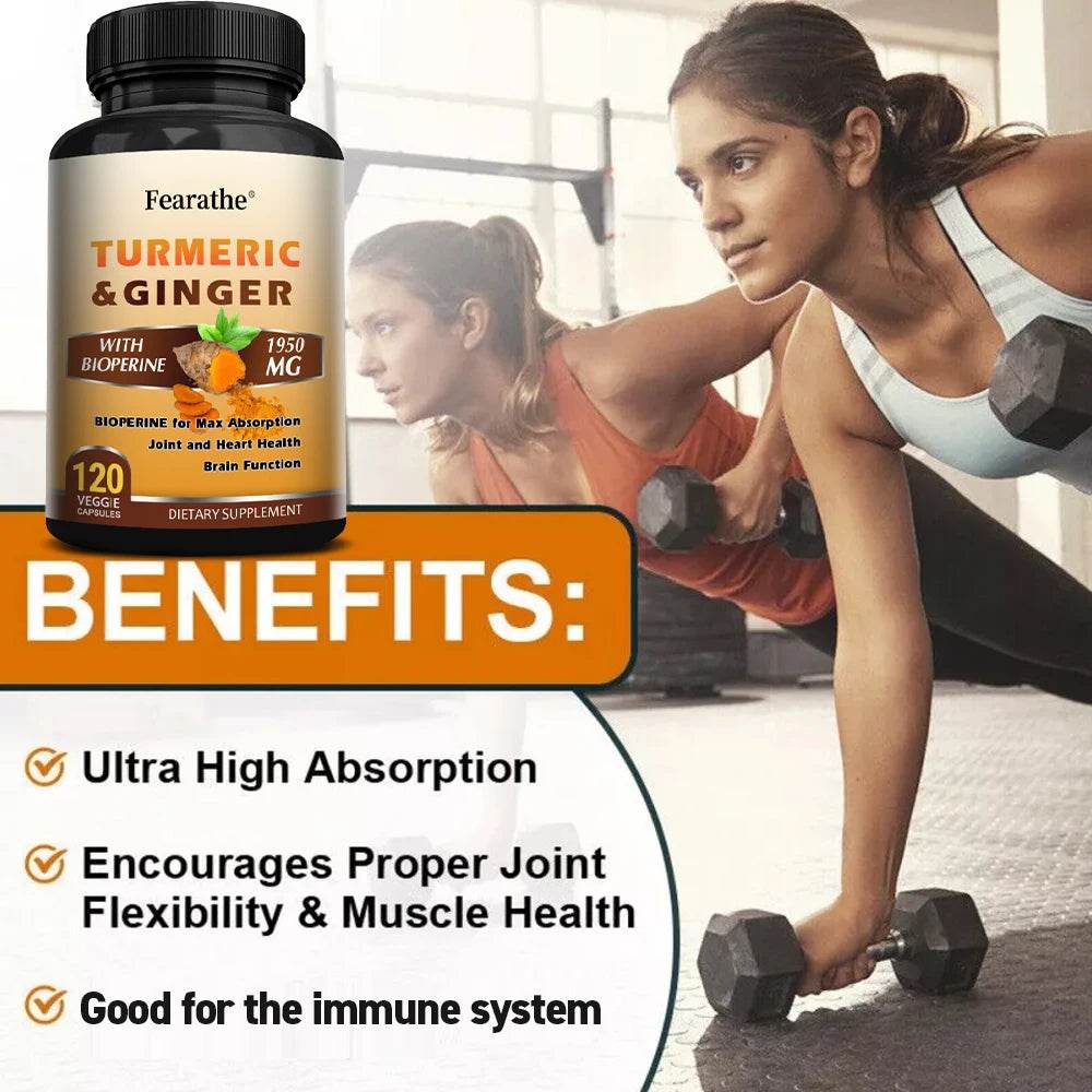 Turmeric Ginger Capsules with BioPerine 1950 Mg - Black Pepper for Better Absorption, Natural Joint, Heart and Brain Support