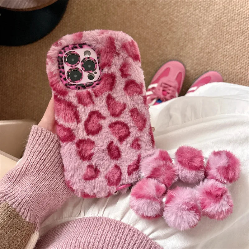 Fashion Leopard Furry Plush Lens Bracket Phone Case For iPhone
