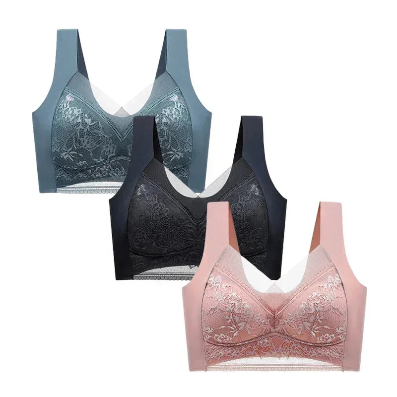 FallSweet 3PCS Lace Push Up Bras for Women Sexy Wireless Bra Ice Silk Deep V Bralette Tops Female Lingerie Mom's Underwear L-5XL