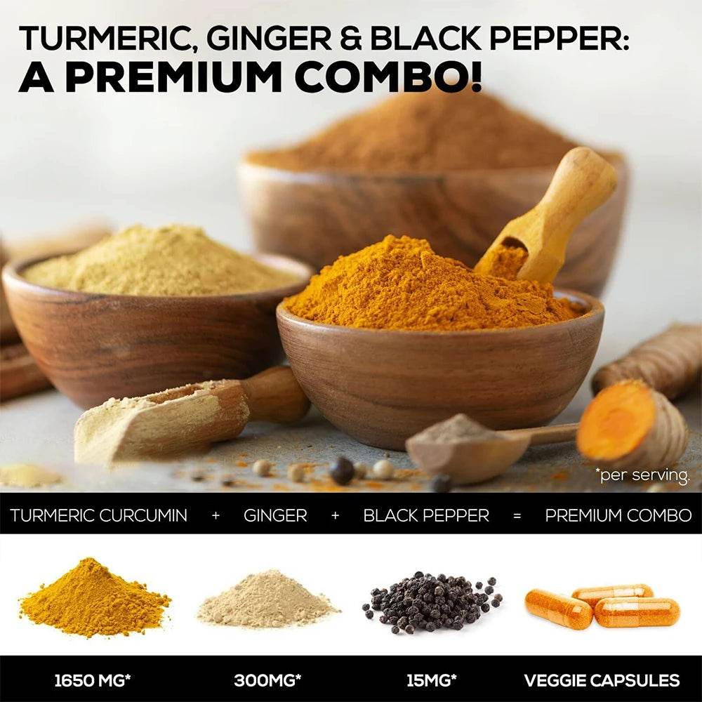 Turmeric Ginger Capsules with BioPerine 1950 Mg - Black Pepper for Better Absorption, Natural Joint, Heart and Brain Support