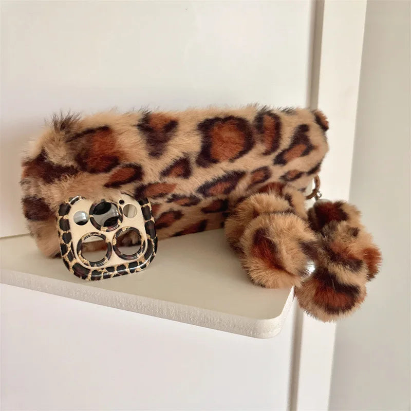 Fashion Leopard Furry Plush Lens Bracket Phone Case For iPhone