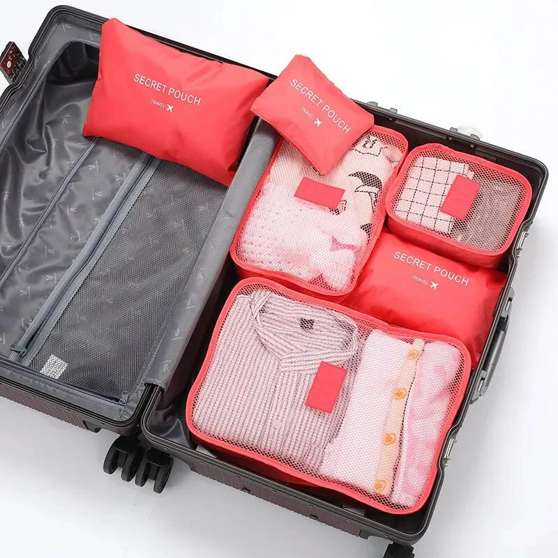 6Pcs Luggage Travel Bags | Underwear Shoes Storage Bag & Oxford Waterproof Cloth Suitcase Pouch Cube (Red Organiser for Clothing)
