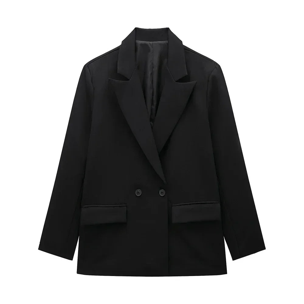 Willshela Women Fashion With Pockets Solid Double Breasted Blazer Vintage Long Sleeves Notched Neck Female Office Lady Outfits