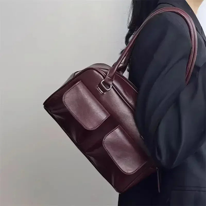 Vintage Women's Business Shoulder Bags | Simple Ladies Commute Tote Bag & PU Leather Female Underarm Bag (Burgundy Large Handbags Purse)
