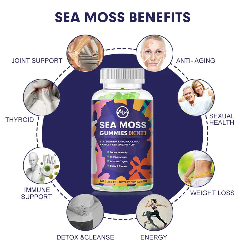 Sea Moss Gummies - 60 Gummies - Made with Bladderwrack & Burdock Root - Seamoss Supplement for Thyroid, Energy, Immune Support