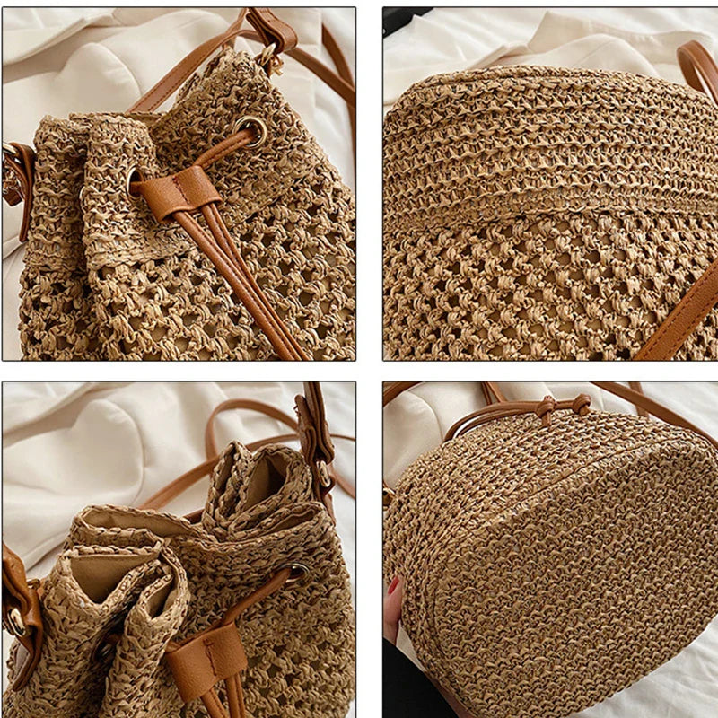 Simple Straw Bucket Bag for Women | Woven Handmade Shoulder Bag & Drawstring Crossbody Bag (Rattan Beach Bag for Girls & Travel Purse)