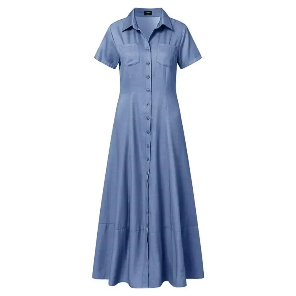 2024 Women New Lapel Pocket Splicing Casual Short Sleeved Solid Color Large Swing Denim Dress Loose Single Breasted Shirt Dress