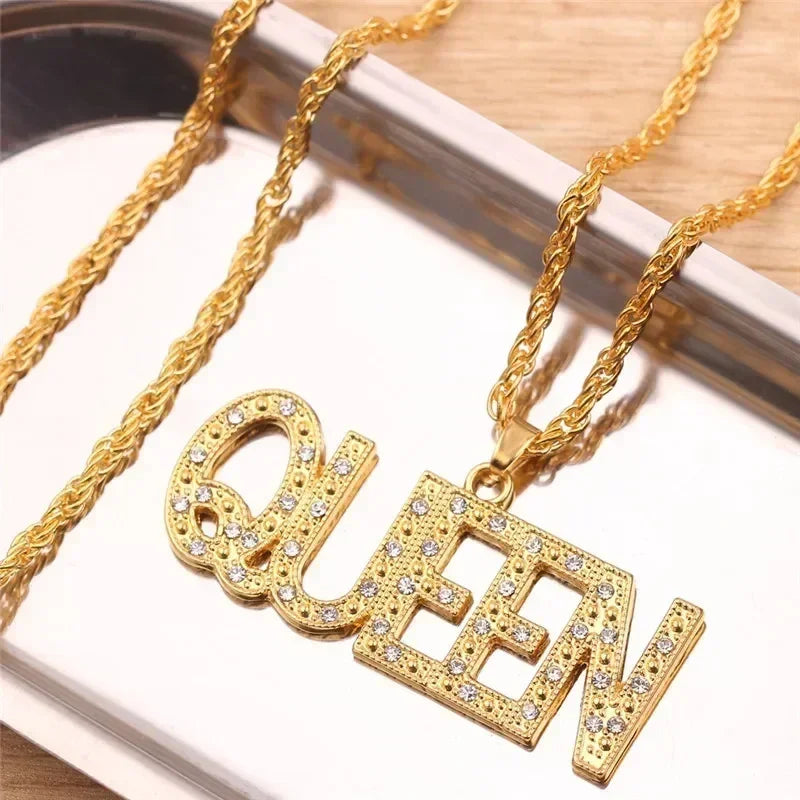 Men Hip Hop Full Rhinestone King Queen Pendants Necklaces Bling Bling Iced Out Cuban Link Chain Hiphop Necklace Men Jewelry Gift
